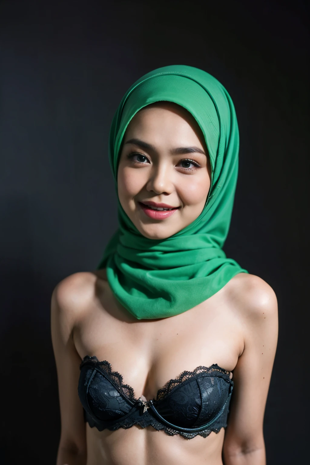 (from behind up) seductive pose, ((Flat Chest:1.2)), (Happy smile), (((HIJAB MALAY GIRL))), masutepiece, High quality, UHD 32K, Realistic face, Realistic skin feeling , A Japanese Lady, 58 years old matured lady, , Very cute and baby-like face, (((FLAT CHEST))), (Night time at forest), ((look In front at the camera and SADNESS)), (((GREEN FLUORESCENT & GREEN FLUORESCENT))), (((CUTE GIRL))), ((GREY FLUORESCENT LIPS)), ((Floral Pattern)) little ((wearing pastel lace strapless bra)), dark night background , black forest night, horror scary place,