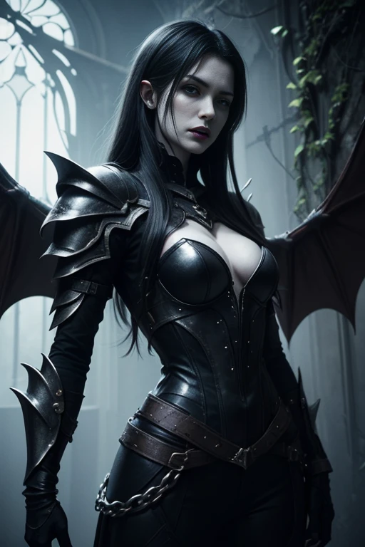 a high fantasy digital painting of an elder vampire, hyper detailed face, piercing red eyes, sharp fangs, long black hair, ornate silver armor, dark gothic cape, dramatic lighting, cinematic composition, epic fantasy dark, solo girl, fully nude, perfectly atomically correct body detail, hyper realistic