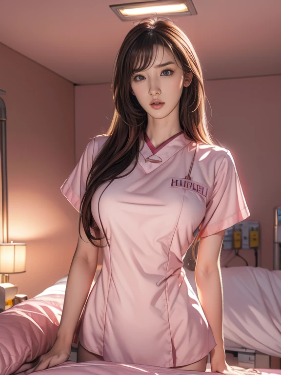 Pornographic Images,Cinematic scene,Fantasy Art,Highest image quality,hyperrealistic portrait,(8K),Ultra-realistic,Best Quality,High quality,High Definition,high quality texture,high detailing,Beautiful detailed,fine detailed,extremely details CG,Detailed texture,realistic representation of face,masutepiece,presence,Dynamic,Bold,1gir,(ideal ratio body proportions:1.5),Ultra detailed skin,Curve,,Beautiful breasts,Large breasts,pale skin,(Thin hair),(Soft hair),(ultra straight hair),Swept long bangs,very light coppery amber hair,Hair over one eye,(pink nurse uniform:1.3),(gravure pose:1.5),(hospitals、Hospital Room、on Patient bed:1.5)