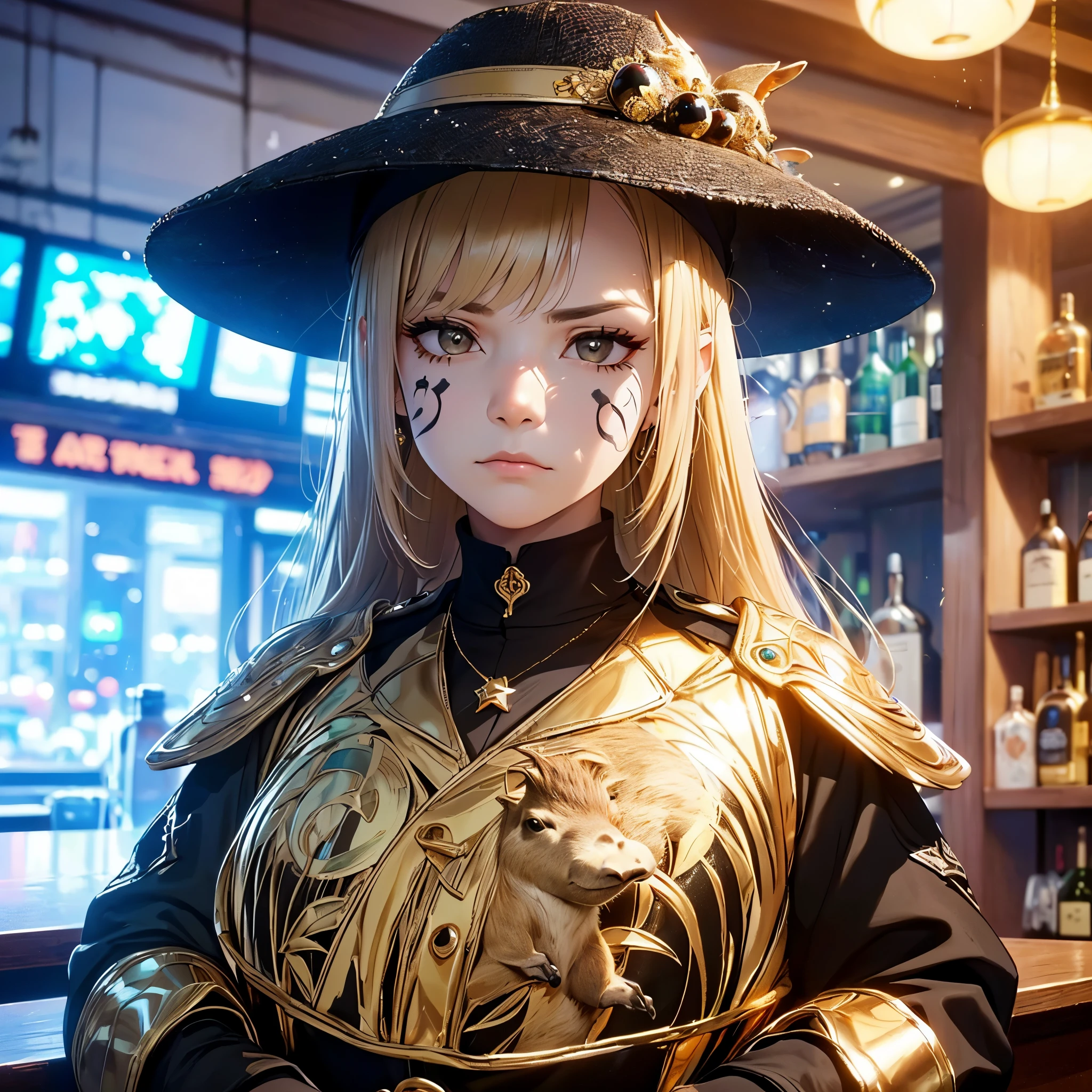 (highest quality,masterpiece,High resolution,Super fine、Rainbow Face Paint、A hat with many black spheres:1.444、Heavily armed female police officer、Frowning)、(((A glittering bar)))、((See the full picture))、((Gold accessories all over the outfit:1.111))、(((There is a single capybara somewhere)))