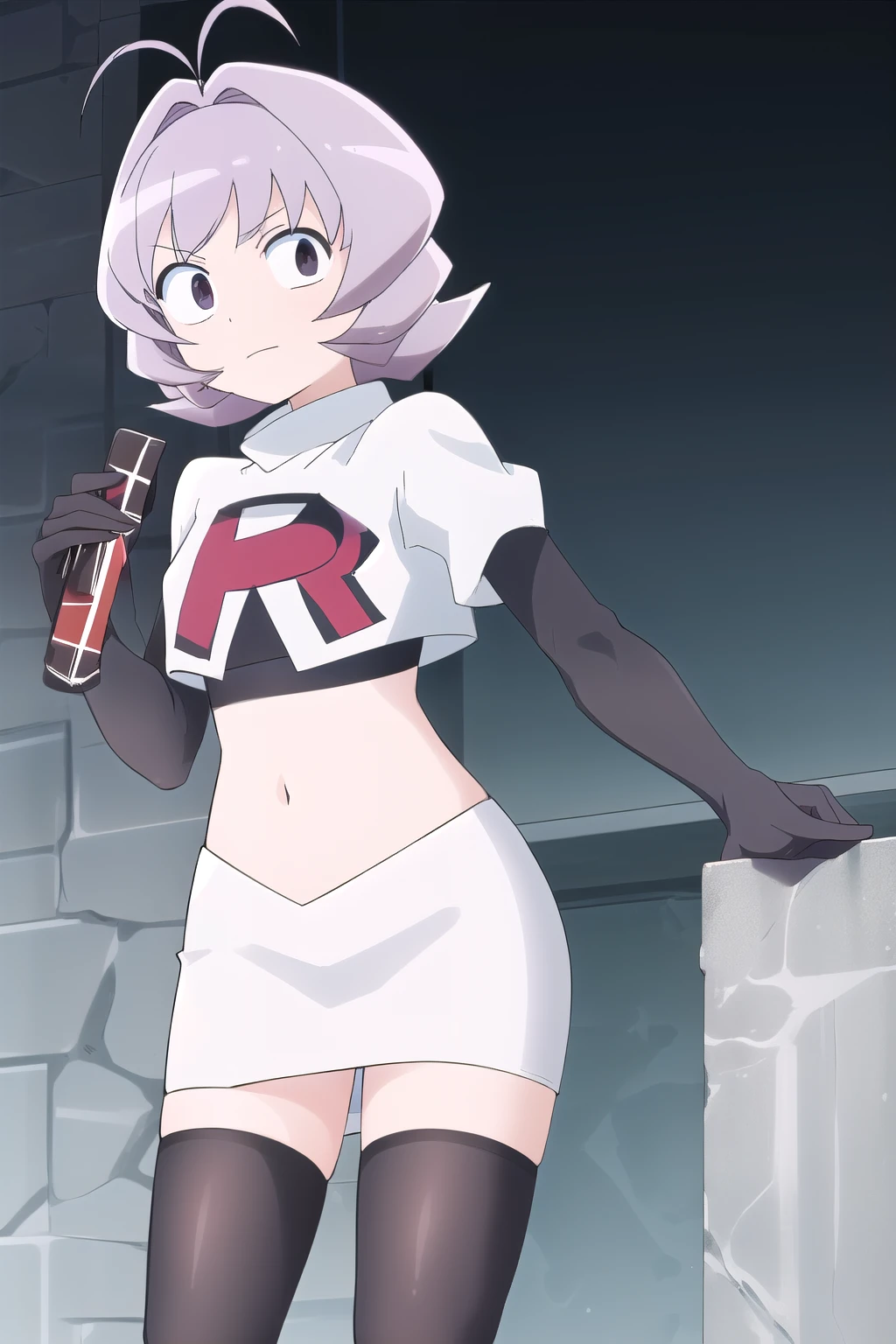masterpiece, absurdres,male focus, trap, crossdressing,1boy,ON, solo, looking at viewer, team rocket,team rocket uniform,white skirt,red letter R,crop top,black thigh-highs,black elbow gloves, , perfect quality, good quality, masterpiece, HDR, UHD