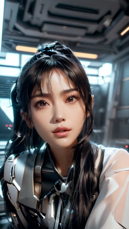 ((best quality)), ((masterpiece)), (detailed), Perfect face. Star Blade real live broadcast picture, Japanese girl with ponytail, Futuristic white and black costume with transparent student sailor design. Cybernetic Accessories. black background, 8K portrait rendering, 8 k character details unreal 6 breathtaking detailed ( ( Unreal Engine ) ), Unreal Engine 5, masterpiece. Award-winning photography. Soft Focus. highly detailed, Intricate details. highly detailed character, Reality. Unreal Engine 5 render.