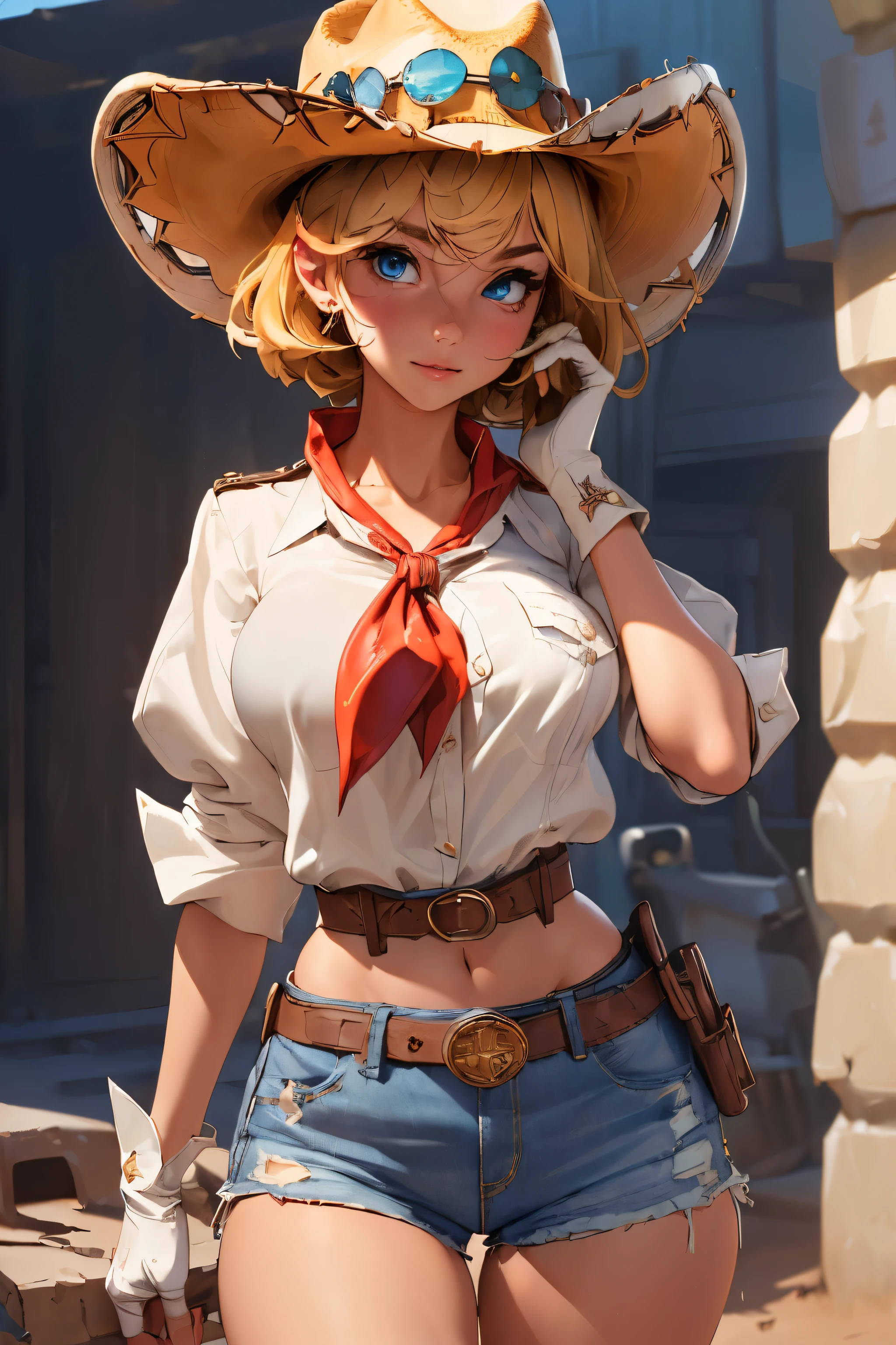 (((((solo))))),(((((masterpiece))))), (((((best quality))))),(((((highly detailed))))), finely detailed, Depth of field, crisp detail, detailed clothes, highres,
1girl, bangs, (beautiful detailed face:1.3), collarbone, collared shirt, ((white shirt)), shirt half open, buttons undone, no bra, several buttons open to show cleavage, show belly, blue eyes, blonde hair, cleavage, ((cowboy)), (cowboy hat:1.3), short gloves. fingerless gloves, hat, medium breasts, navel, neckerchief, red neckerchief, short hair, short shorts, daisy dukes, healthy thighs, gun belt ,cowboy western, sunny desert background, thigh gap, slender knees