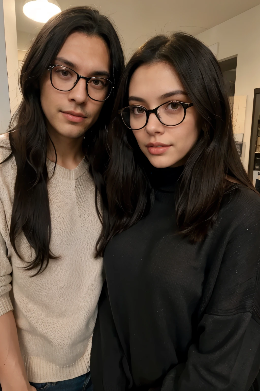 Young brunette woman long black hair black eyes and full lips and a man with neck-length straight black hair with black eyes and glasses wearing sweater