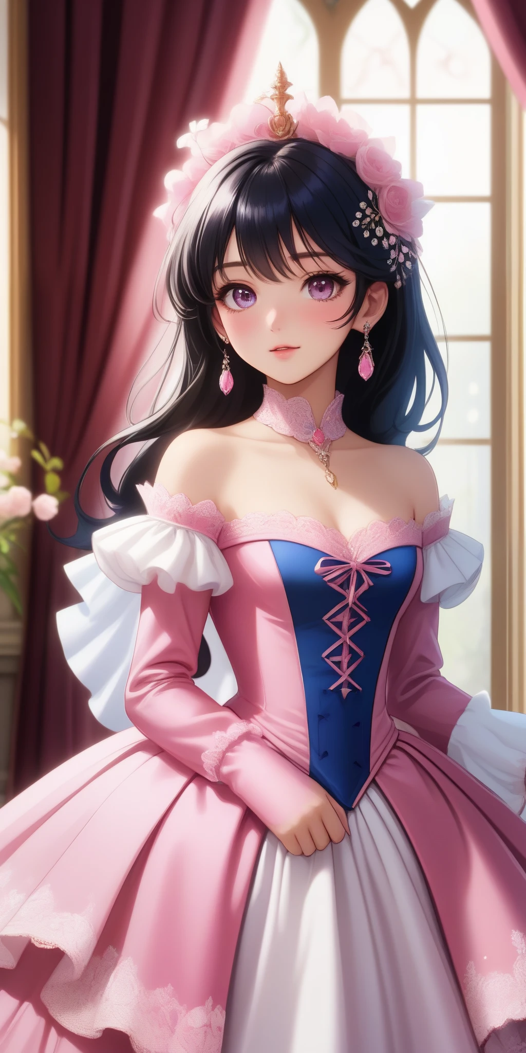 (best quality,4k,8k,highres,masterpiece:1.2),ultra-detailed, closed up portrait of a age boy who got magically transformed into a cute princess, gender bending, fantasy, royalty, fantastic transformation, Medium: Anime-style, portraits Additional details: Soft sunlight filters through the curtains, casting a warm glow on the room. pink eyes, long curly black hair, is happy, joyful expression, playful and feminine pose, effeminate and dainty body, very girly face, pink manicured nails, pink puffy victorian gown, dominant hues of pink and white, bodice with sleeves, bustle, physically-based rendering,gorgeous dress design,flowing gown,elaborate lace details,rich textures,contrast stitching,delicate ribbon bows,floral accents,full skirt,long sleeves,fitted waistline,flared cuffs,lace-up back,luxurious fabrics,flawless silhouette, petticoat, bloomers, white elbow gloves, corset, tiara, gold earrings and necklace, ribbons, high heels, lipstick, makeup, blue eyeshadow, standing in a castle garden with a elegant manners, holding a lacy umbrella, glowing magical aura, masterpiece, dominant hues of pink and white, bokeh, highly detailed, 4K