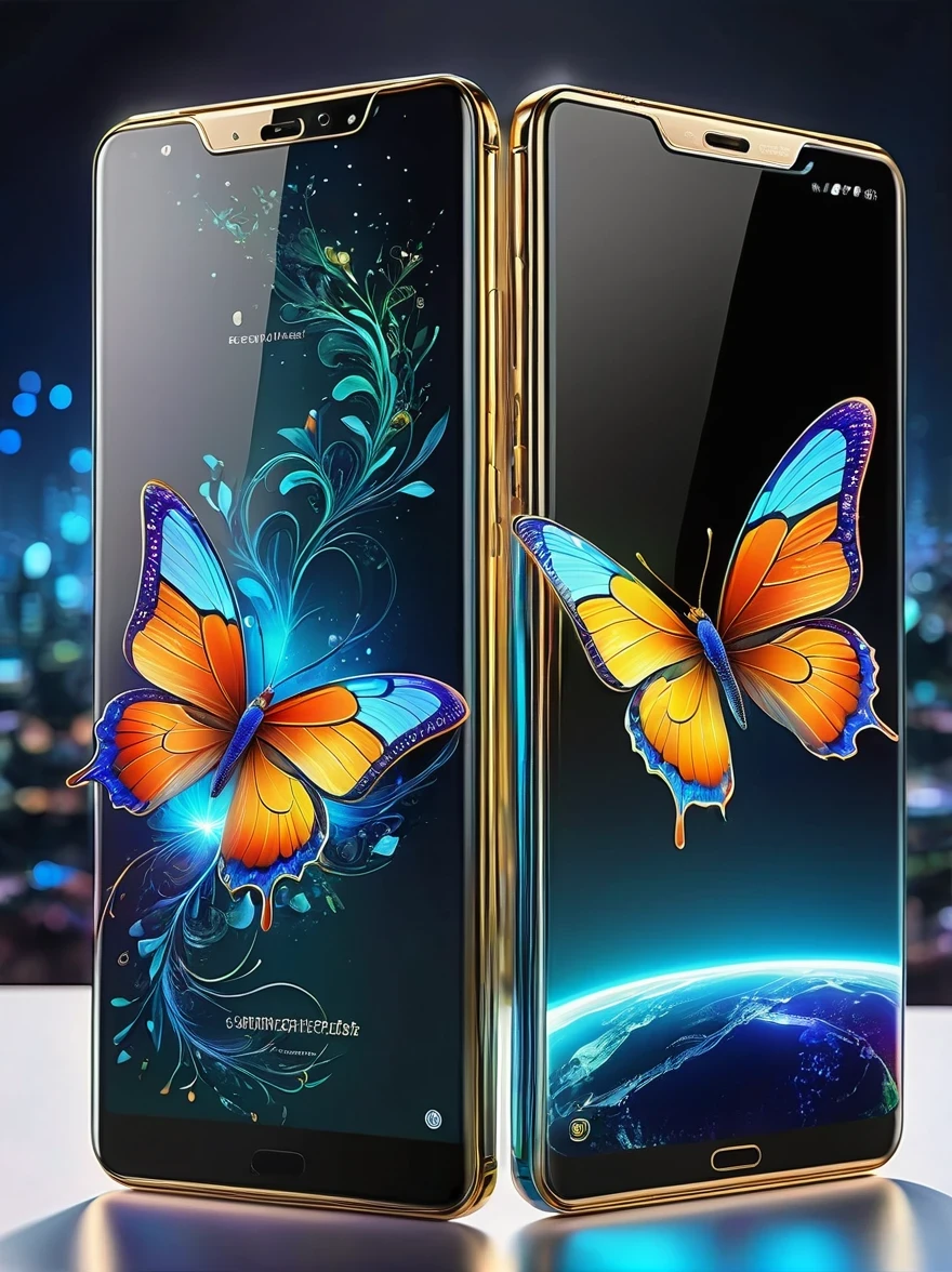 best quality, Super detailed ,Practical ,Unmanned smartphone, Modern, Transparent metal surfaces can reveal internal circuits, bezel-less display, Colorful mobile screen,There are butterflies and lotus, colorfull digital fantasy art, Thin bezels, Clear screen, Vibrant colors, Stylish design, High-tech features, Multi-camera system, AI, Seamless user experience, Advanced technology, A connected world, Smart assistants, Voice Commands, Fast processing, High storage capacity, Long battery life, Wireless charging, Social media integration, Navigation App, Entertainment during the trip, No place to get information, Endless possibilities, The future of communications.