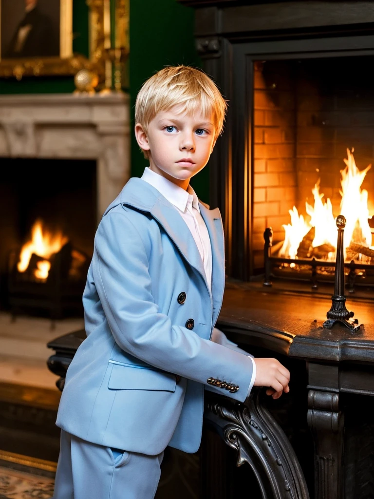 A boy next to a big fireplace elegant and old white skin light blonde hair blue eyes fine features handsome boy shy gesture sad with fear and serious very elegant clothes fine London