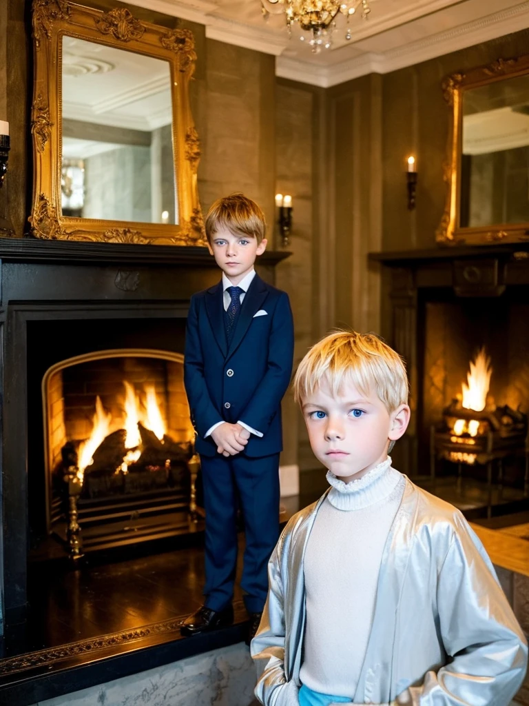 A 10 year old boy next to a big fireplace elegant and old white skin light blonde hair blue eyes fine features handsome boy shy gesture sad with fear and serious very elegant clothes fine London