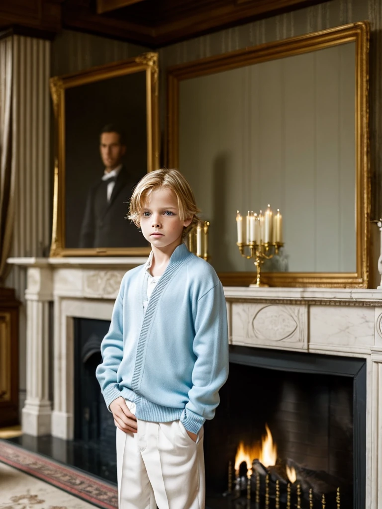 A boy next to a big fireplace elegant and old white skin light blonde hair blue eyes fine features handsome boy shy gesture sad with fear and serious very elegant clothes fine London