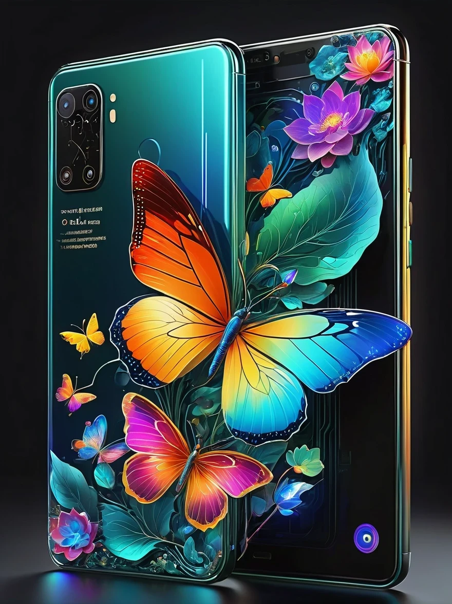best quality, Super detailed ,Practical ,Unmanned smartphone, Modern, Transparent metal surfaces can reveal internal circuits, bezel-less display, Colorful mobile screen，There are butterflies and lotus, colorfull digital fantasy art, Thin bezels, Clear screen, Vibrant colors, Stylish design, High-tech features, Multi-camera system, AI, Seamless user experience, Advanced technology, A connected world, Smart assistants, Voice Commands, Fast processing, High storage capacity, Long battery life, Wireless charging, Social media integration, Navigation App, Entertainment during the trip, No place to get information, Endless possibilities, The future of communications.