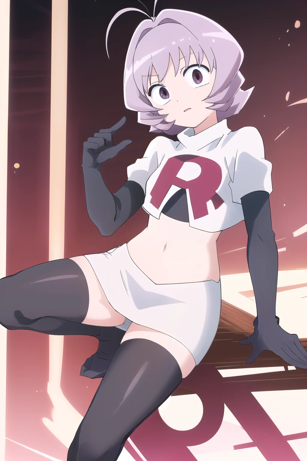 masterpiece, absurdres,male focus, trap, crossdressing,1boy,ON, solo, looking at viewer, team rocket,team rocket uniform,white skirt,red letter R,crop top,black thigh-highs,black elbow gloves, , perfect quality, good quality, masterpiece, HDR, UHD 