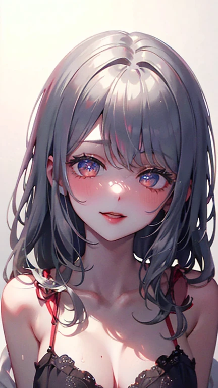 A light blush and a smile, (Masterpiece of the highest quality:1.2) Delicate illustrations, super detailed, /Beautiful Japanese Women、1 person,Very cute and slim、Outstanding style 、((8K images、super high quality))、Very delicate face, Skin and Hair、Red lipstick、Long Hair、straggling hair,(((((Gradient Hair、Silver Hair))))),Very cute Japanese cut face、Eyes and nose are clearly visible、Kind eyes,(((sexy lingerie、Watching the audience)))、full body shot、lure