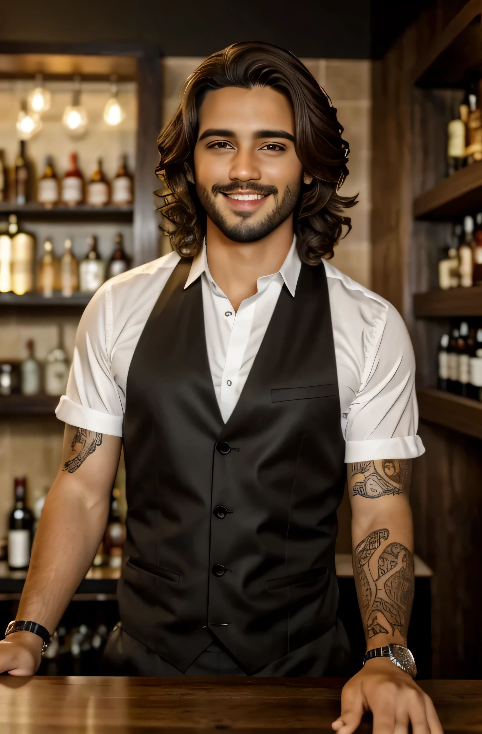 Hombre adulto , pelo corto, cabello enrulado, color de pelo negro, piel media suave detallosa , Brown eyes, smile, es un Bartender, Ocasional, Ropa estilo Bartender,detras de una Barra de licores en un restaurante elegante, 8k super realista, super detailed and realistic