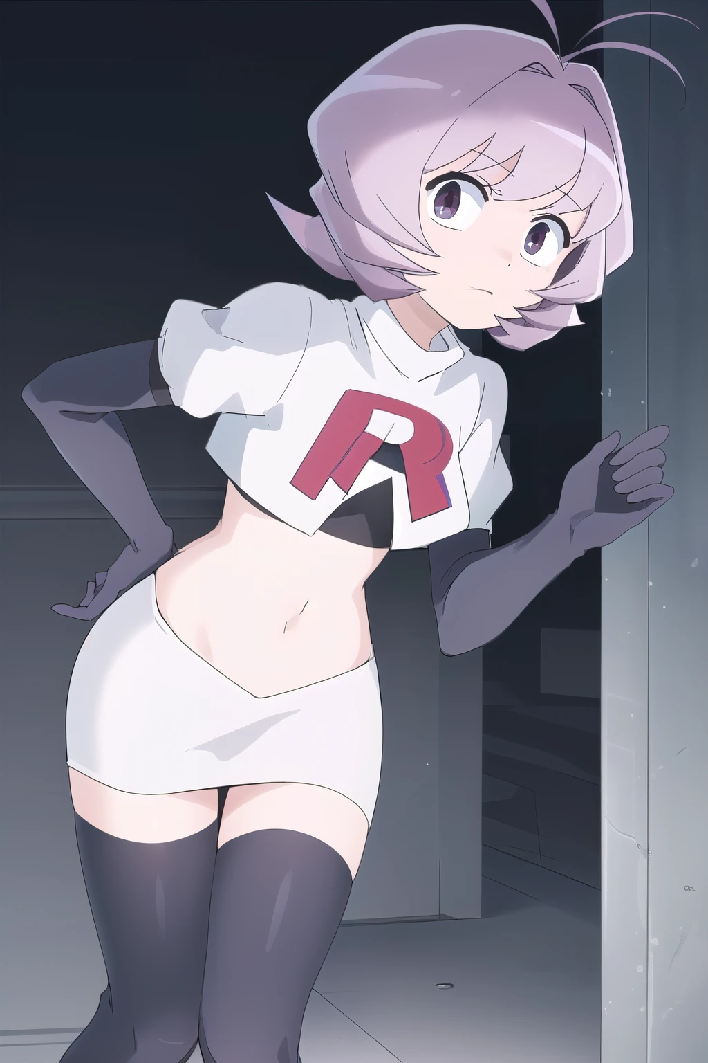 masterpiece, absurdres,male focus, trap, crossdressing,1boy,ON, solo, looking at viewer, team rocket,team rocket uniform,white skirt,red letter R,crop top,black thigh-highs,black elbow gloves, , perfect quality, good quality, masterpiece, HDR, UHD 