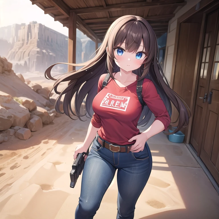 ((Masterpiece)), (Best Quality), (Perfect Lighting), (Perfect Shadows), (Accurately Detailed), A Pretty Girl, with Long Dark-Brown hair, Beautiful Blue eyes, wide hips, medium Breasts, and is slightly muscular. Wearing a Red Shirt, worn Jeans, (a Leather Belt with a “Colt-Python Revolver” on it), and Dark-Grey Boots. She is walking in the Deserts of Nevada, so her clothes are dusty and have a little sand on them. She is looking for “Graboids” but hasn’t seen any yet. With a very cautious and slightly nervous expression.