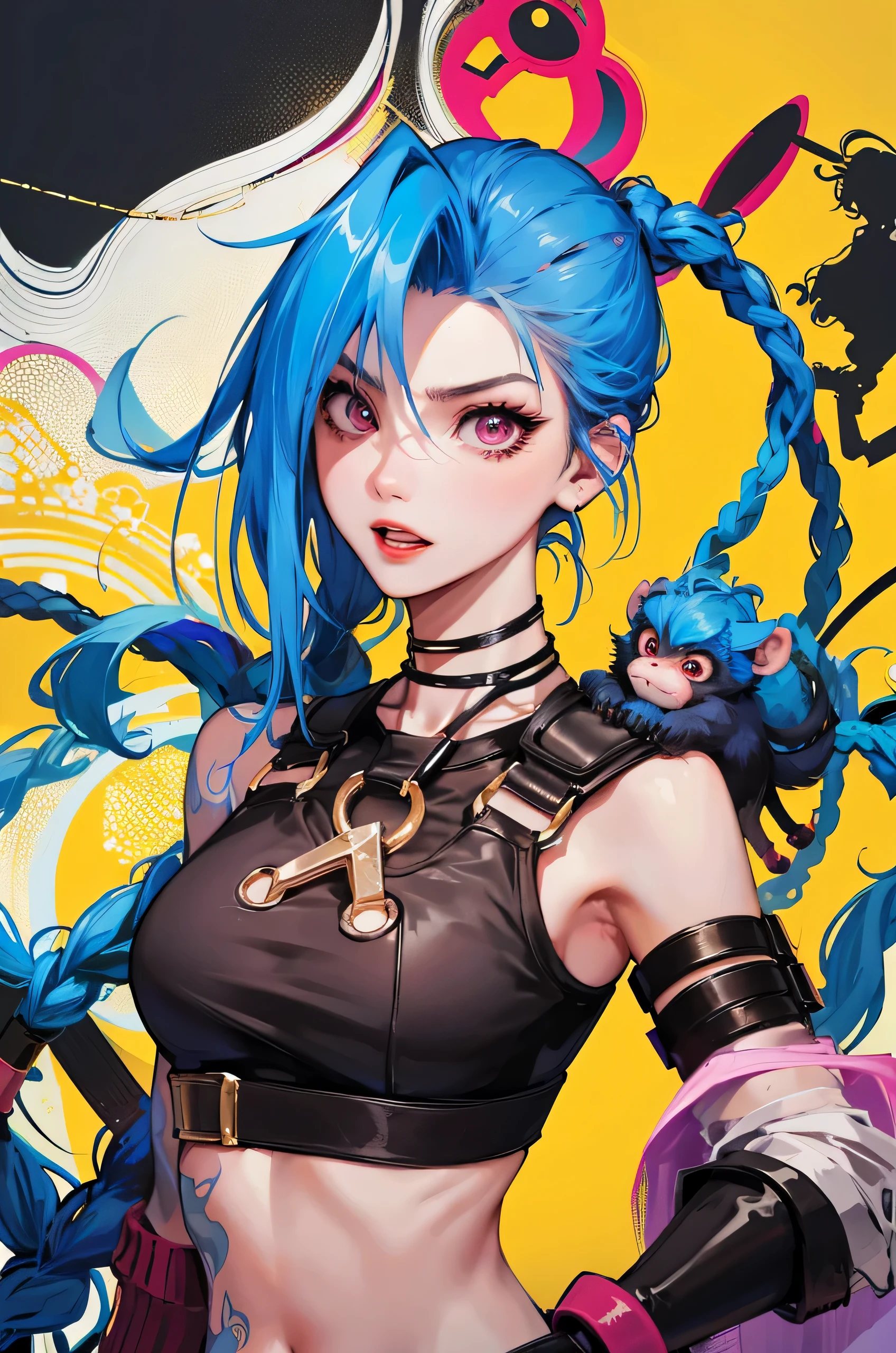 Jinx,having fun，Crop topping，Open chain，Poster promotion，Vigorous，C cup，Violent toy monkey banging gong，highly rendered，detailed face with，Fleshy thighs，Anime style,  Award-Awarded, Super detail, Textured skin, A high resolution, Best quality, 8K