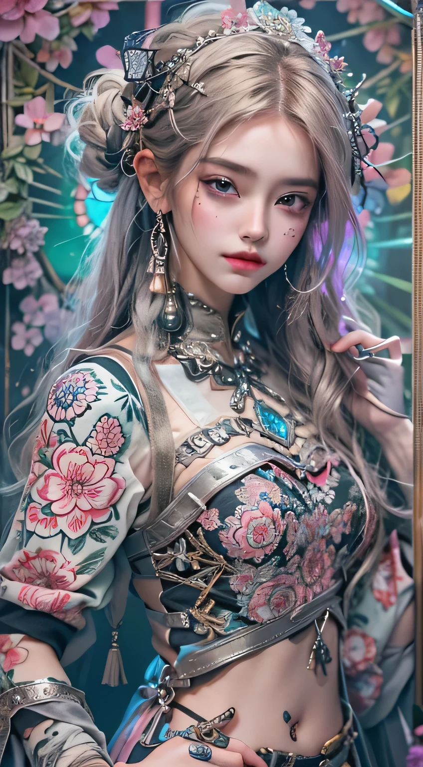 offcial art, Unity 8k wallpaper, Ultra detailed, Beautiful and aesthetic, Beautiful, Masterpiece, Best quality, (zentangle, mandalas, Tangled, entangle), 8K, Skin texture:1.4, tmasterpiece:1.4,Pose behind beauty，(Cyberpunk style Lolita costume in random colors)，
