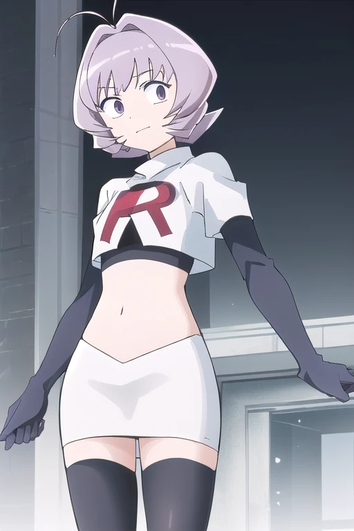 masterpiece, absurdres,male focus, trap, crossdressing,1boy,ON, solo, looking at viewer, team rocket,team rocket uniform,white skirt,red letter R,crop top,black thigh-highs,black elbow gloves, , perfect quality, good quality, masterpiece, HDR, UHD