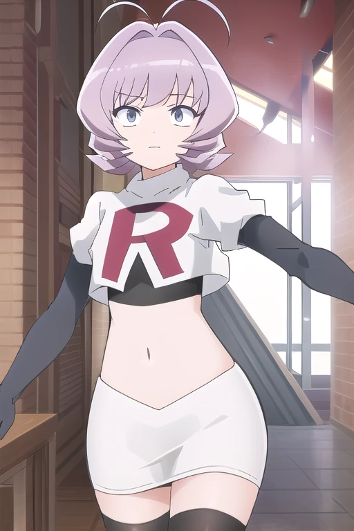 masterpiece, absurdres,male focus, trap, crossdressing,1boy,ON, solo, looking at viewer, team rocket,team rocket uniform,white skirt,red letter R,crop top,black thigh-highs,black elbow gloves, , perfect quality, good quality, masterpiece, HDR, UHD 