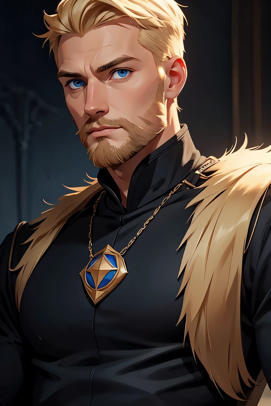 blonde man, blue eyes, short hair, thin beard on chin, wearing black clothes of a noble king, masterpiece, best quality