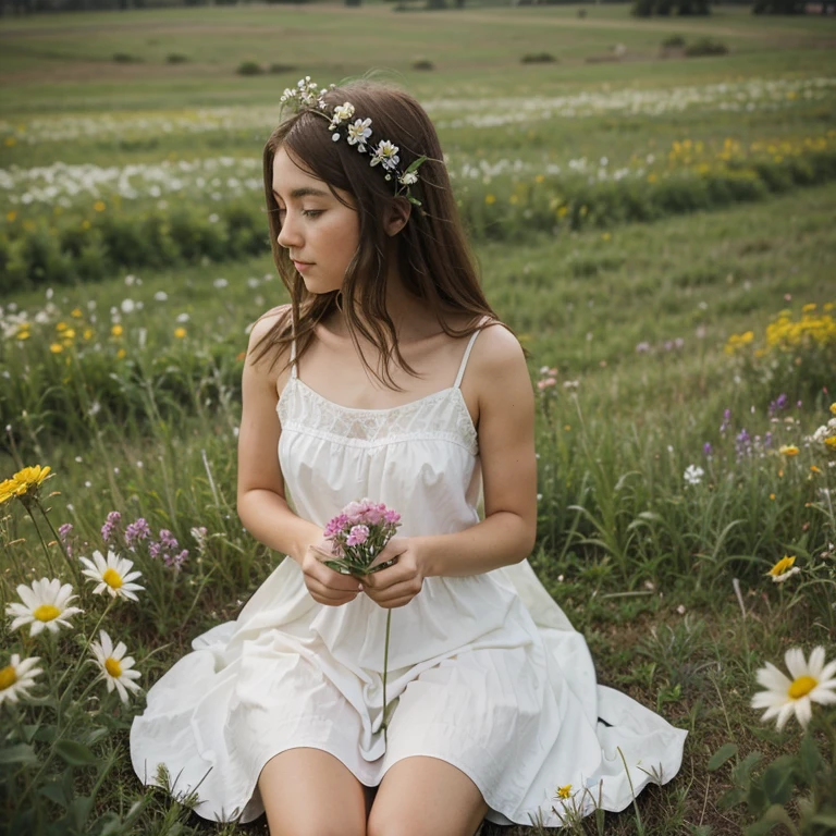 girl, morning, collects flowers in the meadow