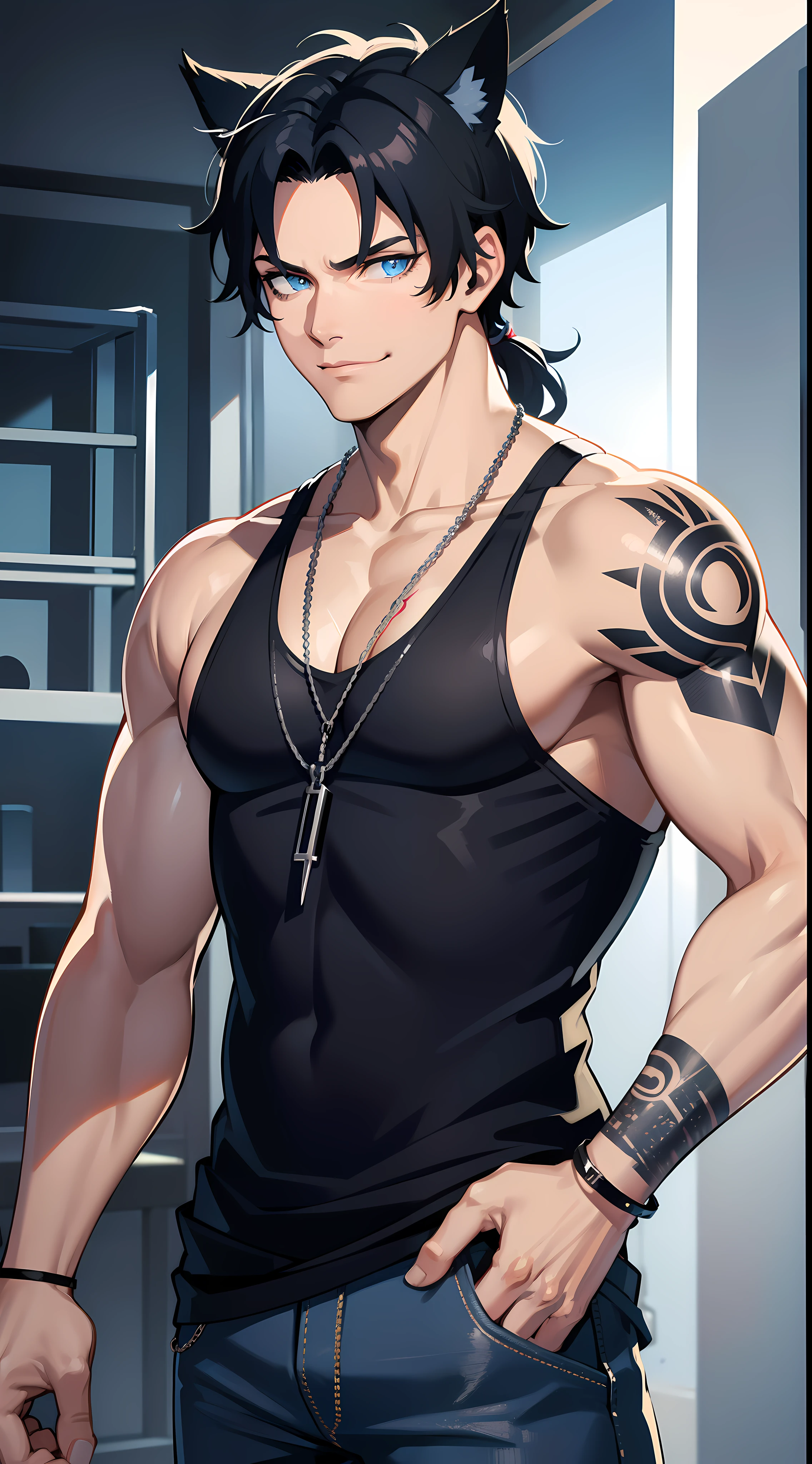 Grown-up guy, short black hair with blue strands, high ponytail, cat ears, blue eyes, musculature, smirk, black tank top, jeans, chains, silver elements, tattoo, scars, blue flame, lightning, Masterpiece, hiquality, 4k, HD, Good detail