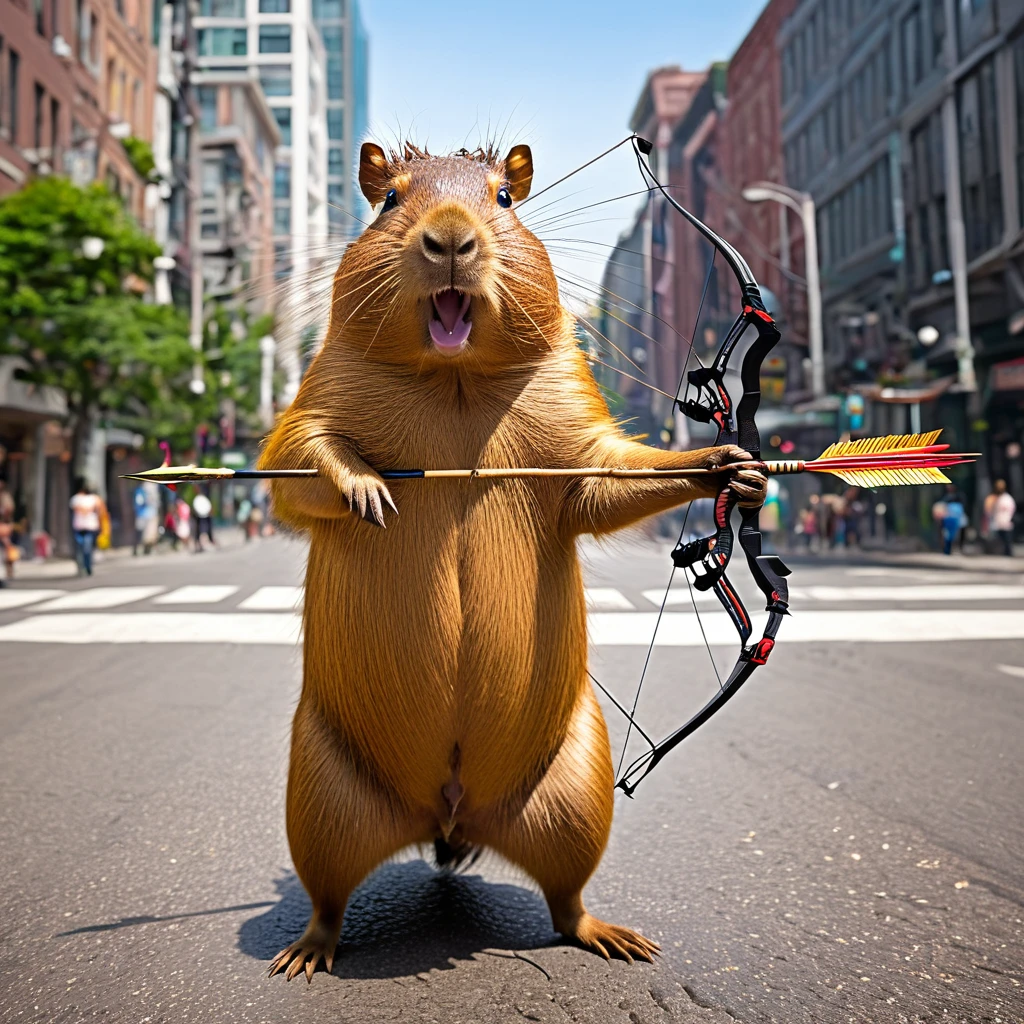 (a cute, happy, winged capybara shoots humans with his love themed bow and arrow) he flits around a busy city helping young women find love