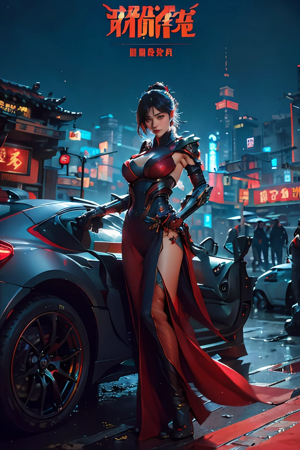 Beautiful girl with big breasts, short hair, Dressed in red,Robotic arm in cyberpunk night scene, Cyberpunk red green background,Sexy,enchanting,charming,dream的中国城, Ancient Chinese Town,A city full of neon lights,Simple tops,charming表情,Gorgeous, skyline, ethereal, Sexual, epic, majestic, magical, Fantasy Art, Cover Art, dream, elegant, Movie, Saturated colors, The surrounding dramatic atmosphere, Sharp focus, Extremely detailed, Fine details, Stunning composition, Creative, rich and colorful, complicated, magic, Rich colors, Wheels within wheels