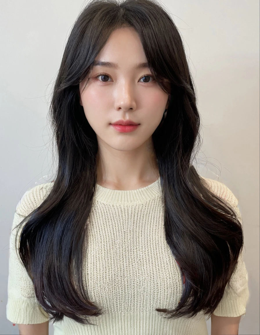 Best Quality, 8k, Masterpiece, (Portrait: 1.3), (photo realistic:1.4), (hyper realistic:1.4), Sharp Focus, looking at viewer, (smoother lighting:1.1), (increase cinematic lighting quality:0.9), realistic lighting, backlighting, light on face, ray trace, (brightening light:1.2), (Increase quality:1.4), sharp detail, (best quality real texture skin:1.4), finely detailed eyes, black_eyes, finely detailed face, 25 year old Korean woman, (yellow tank_top:1.4), (Create an image maintaining the original base model hairstyle:1.5)