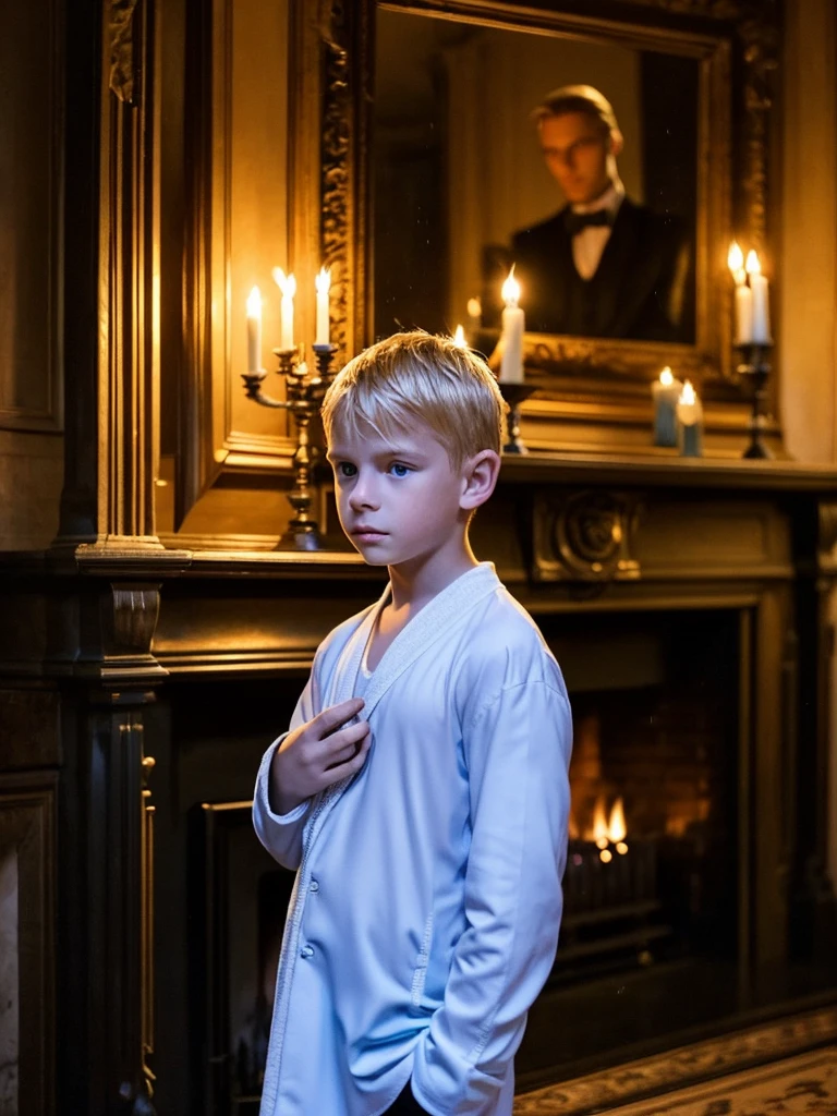 A boy next to a big fireplace elegant and old white skin light blonde hair blue eyes fine features handsome boy shy gesture sad with fear and serious very elegant clothes fine london candlelight at night with heavy rain outside alone very afraid