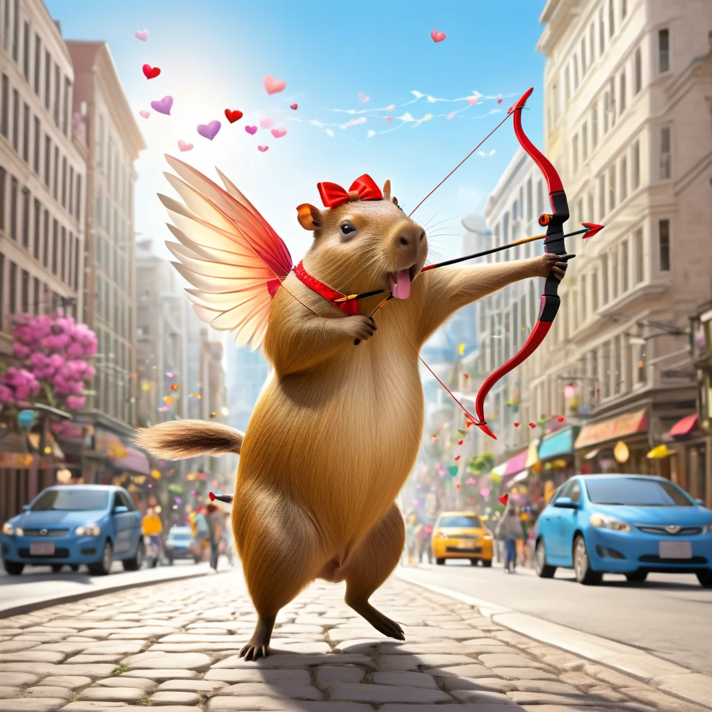 (a cute, happy, winged capybara, love-themed bow and arrow), bustling city, young women, finding love, vibrant colors, whimsical atmosphere, charming smiles, fluttering wings, joyful expressions, arrow of love, love-struck, magical moments, enchanting encounters, dreamy landscapes, urban backdrop, heart-shaped arrows, love-filled air, romantic ambiance, busy streets, hopeful hearts, tender connections, radiant energy, seamless connections, serendipitous meetings, sunny skies, blooming flowers, laughter and joy, sparkling eyes, love conquers all, delightful surprises, heartwarming encounters, picturesque settings, uplifting spirit, captivating scenes, unforgettable connections, love spreading in every corner, enchanted cityscape, love arrows piercing through the air, heartwarming embraces, love-filled destiny.