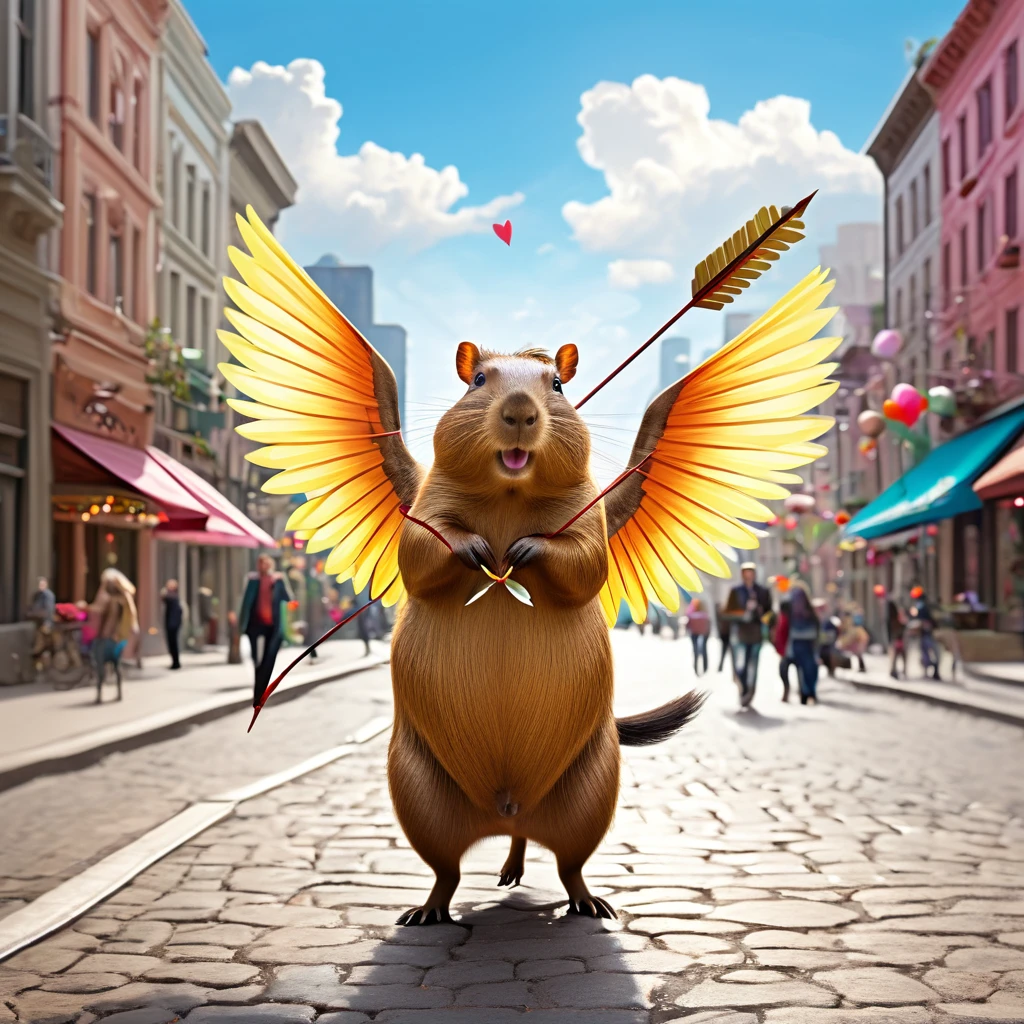 (a cute, happy, winged capybara, love-themed bow and arrow), bustling city, young women, finding love, vibrant colors, whimsical atmosphere, charming smiles, fluttering wings, joyful expressions, arrow of love, love-struck, magical moments, enchanting encounters, dreamy landscapes, urban backdrop, heart-shaped arrows, love-filled air, romantic ambiance, busy streets, hopeful hearts, tender connections, radiant energy, seamless connections, serendipitous meetings, sunny skies, blooming flowers, laughter and joy, sparkling eyes, love conquers all, delightful surprises, heartwarming encounters, picturesque settings, uplifting spirit, captivating scenes, unforgettable connections, love spreading in every corner, enchanted cityscape, love arrows piercing through the air, heartwarming embraces, love-filled destiny.