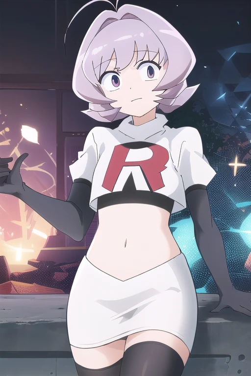 masterpiece, absurdres,male focus, trap, crossdressing,1boy,ON, solo, looking at viewer, team rocket,team rocket uniform,white skirt,red letter R,crop top,black thigh-highs,black elbow gloves, , perfect quality, good quality, masterpiece, HDR, UHD 