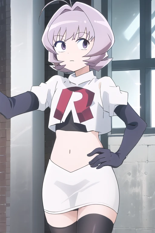 masterpiece, absurdres,male focus, trap, crossdressing,1boy,ON, solo, looking at viewer, team rocket,team rocket uniform,white skirt,red letter R,crop top,black thigh-highs,black elbow gloves, , perfect quality, good quality, masterpiece, HDR, UHD