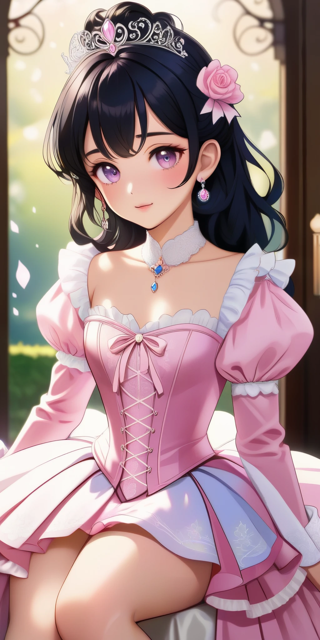 (best quality,4k,8k,highres,masterpiece:1.2),ultra-detailed, closed up portrait of a age boy who got magically transformed into a cute princess, gender bending, fantasy, royalty, fantastic transformation, Medium: Anime-style, portraits Additional details: Soft sunlight filters through the curtains, casting a warm glow on the room. pink eyes, long curly black hair, is happy, joyful expression, playful and feminine pose, effeminate and dainty body, very girly face, pink manicured nails, pink puffy victorian gown, dominant hues of pink and white, bodice with sleeves, bustle, physically-based rendering,gorgeous dress design,flowing gown,elaborate lace details,rich textures,contrast stitching,delicate ribbon bows,floral accents,full skirt,long sleeves,fitted waistline,flared cuffs,lace-up back,luxurious fabrics,flawless silhouette, petticoat, bloomers, white elbow gloves, corset, tiara, gold earrings and necklace, ribbons, high heels, lipstick, makeup, blue eyeshadow, standing in a castle garden with a elegant manners, holding a lacy umbrella, glowing magical aura, masterpiece, dominant hues of pink and white, bokeh, highly detailed, 4K
