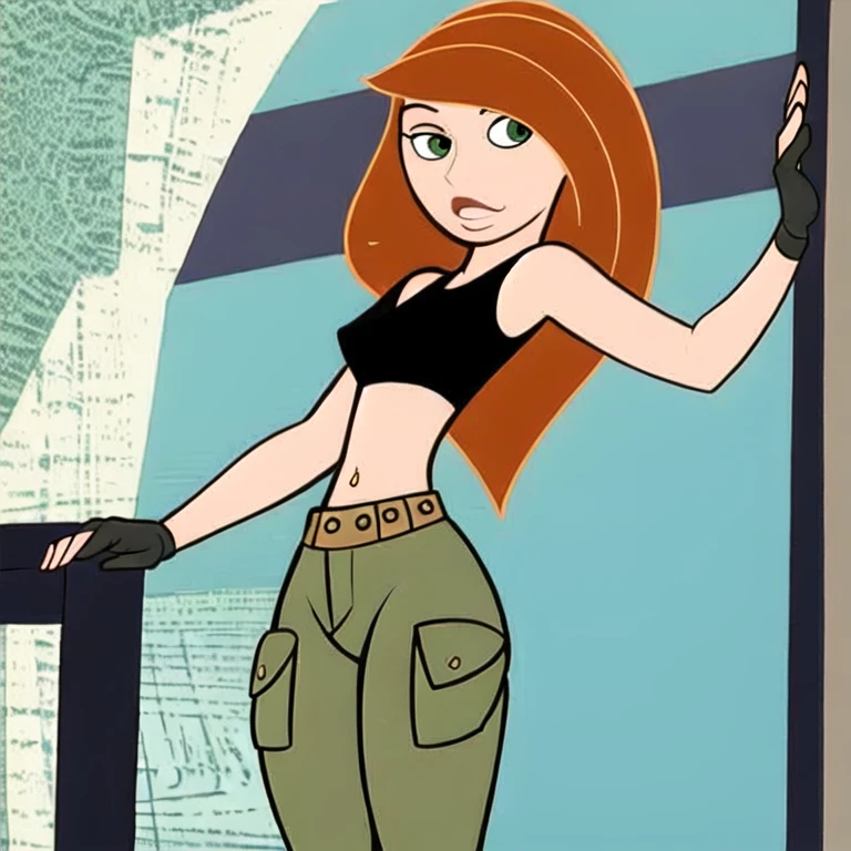 kimberly ann possible, 1girl, abs, bandaid, brown hair, breasts, blank tank top, fingerless gloves, gloves, green eyes, green legwear, large breasts, lips, long hair, midriff, navel, pants, pose, solo, thighs, toned