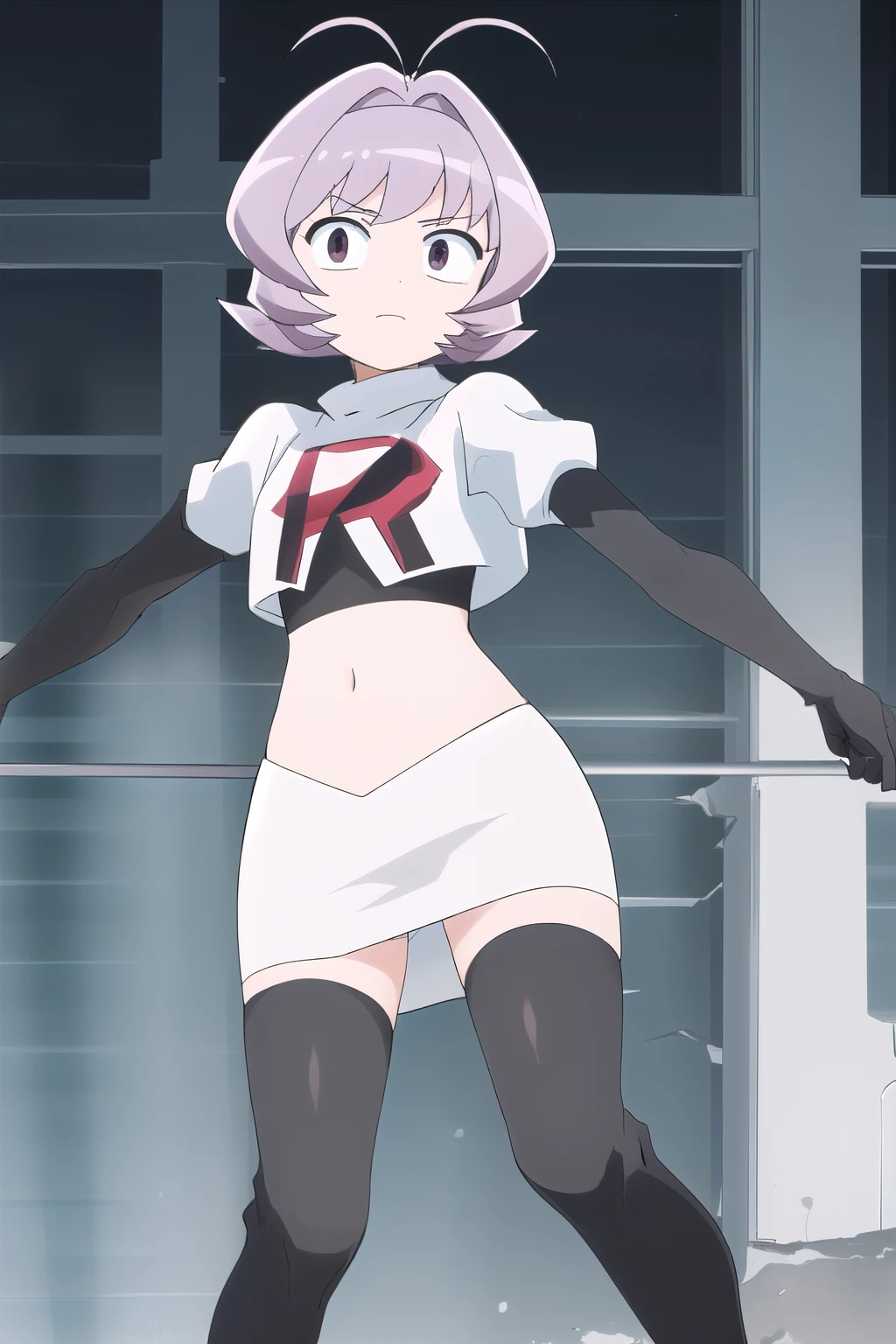masterpiece, absurdres,male focus, trap, crossdressing,1boy,ON, solo, looking at viewer, team rocket,team rocket uniform,white skirt,red letter R,crop top,black thigh-highs,black elbow gloves, , perfect quality, good quality, masterpiece, HDR, UHD