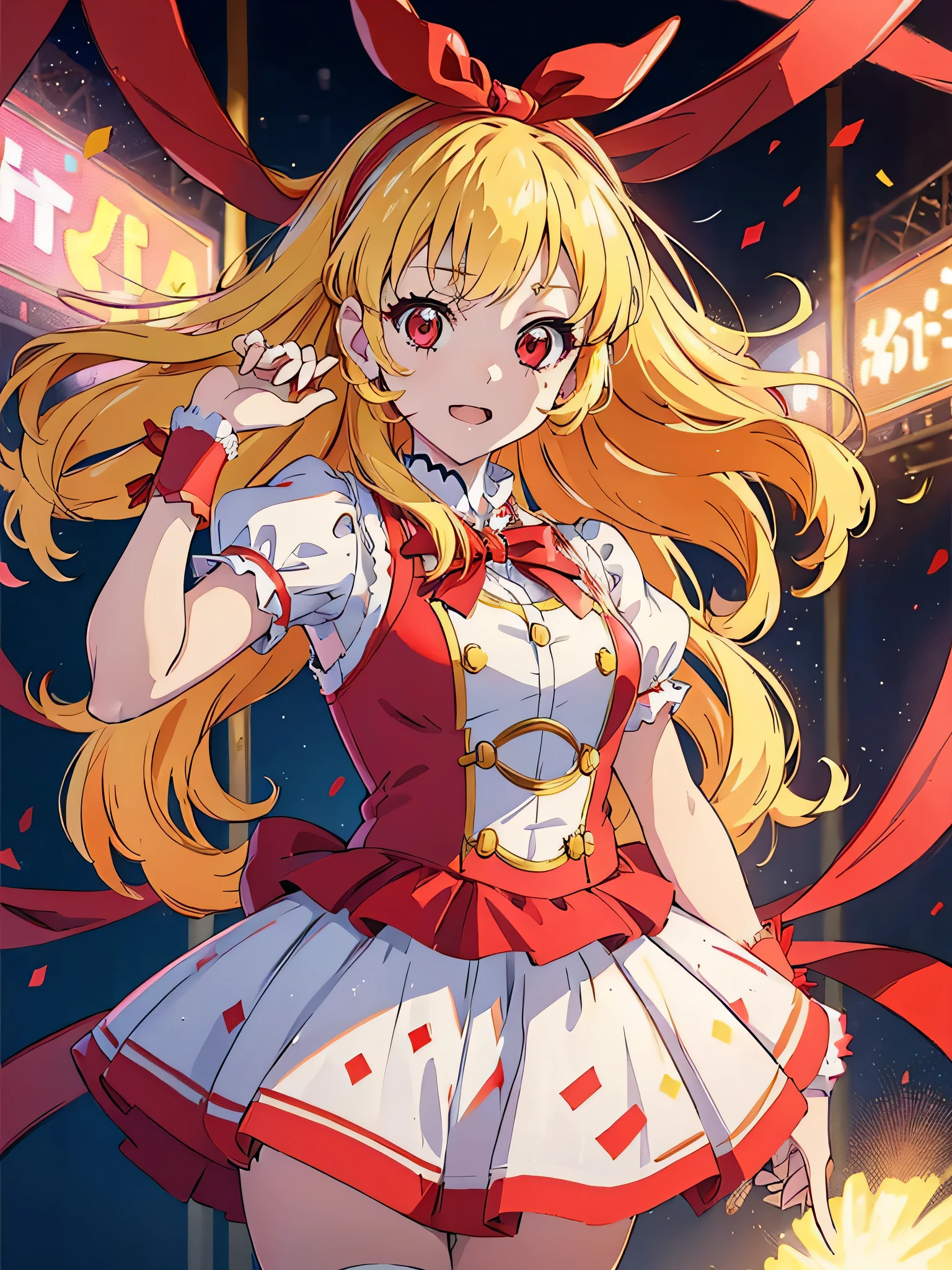 (red ribbon on hairband:1.2),（8K, best quality, muste piece:1.2)、ultra high resolution,1 very cute girl,hosimiya ichigo,ultra-detailed face, detailed eyes,RED eyes,,masterpiece, best quality, extremely detailed, 1 girl, idol, idol costume, live stage, confetti1 girl, 