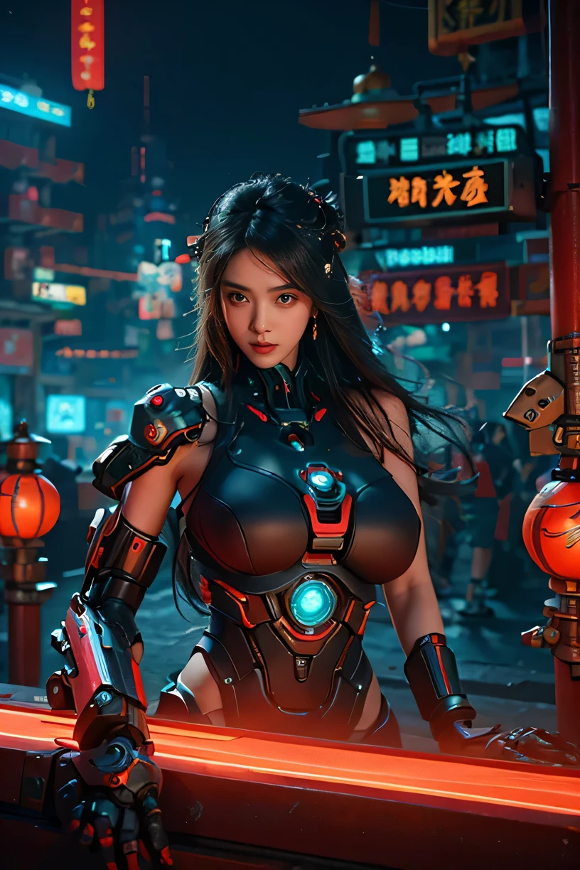 Beautiful girl with big breasts, Long hair, Robotic arm in cyberpunk night scene, Cyberpunk red green background,Sexy,enchanting,charming,Dreamy Chinatown, Ancient Chinese Town,A city full of neon lights,Simple tops,Charming facial expression