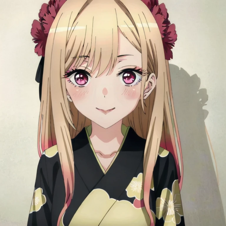 (Anime Coloring),(masterpiece),(highest quality),(Very detailed),(Best illustrations),(Best Shadow),(Absurd),(Detailed Background), marin kitagawa, One girl, alone, kimono, kimono, Blonde, smile, View your viewers, Long Hair, Multicolored Hair, black kimono, Pink Eyes, sash, eyelash, Floral print, heart, kitagawa marin, blush, Upper Body