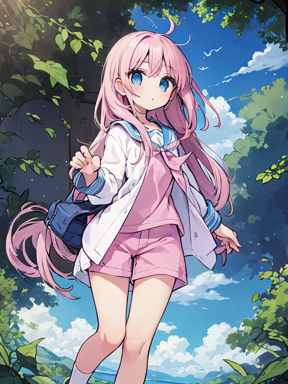 Beautiful illustrations, highest quality, (12 year old girl:1.4)、(pretty girl:1.5)、、Flat Chest、Sailor collar、(White long tunic)、Long sleeve sailor suit、Blue-line cuffs、(pink chino shorts:1.4)、(pink shorts with wide opening:1.2)、Gap between thigh and pants、Slim thighs、White socks、 Cinematic lighting, (Pink Long Hair)、Pink Straight Hair、Redness on the cheeks、(Braiding of the back of the head)