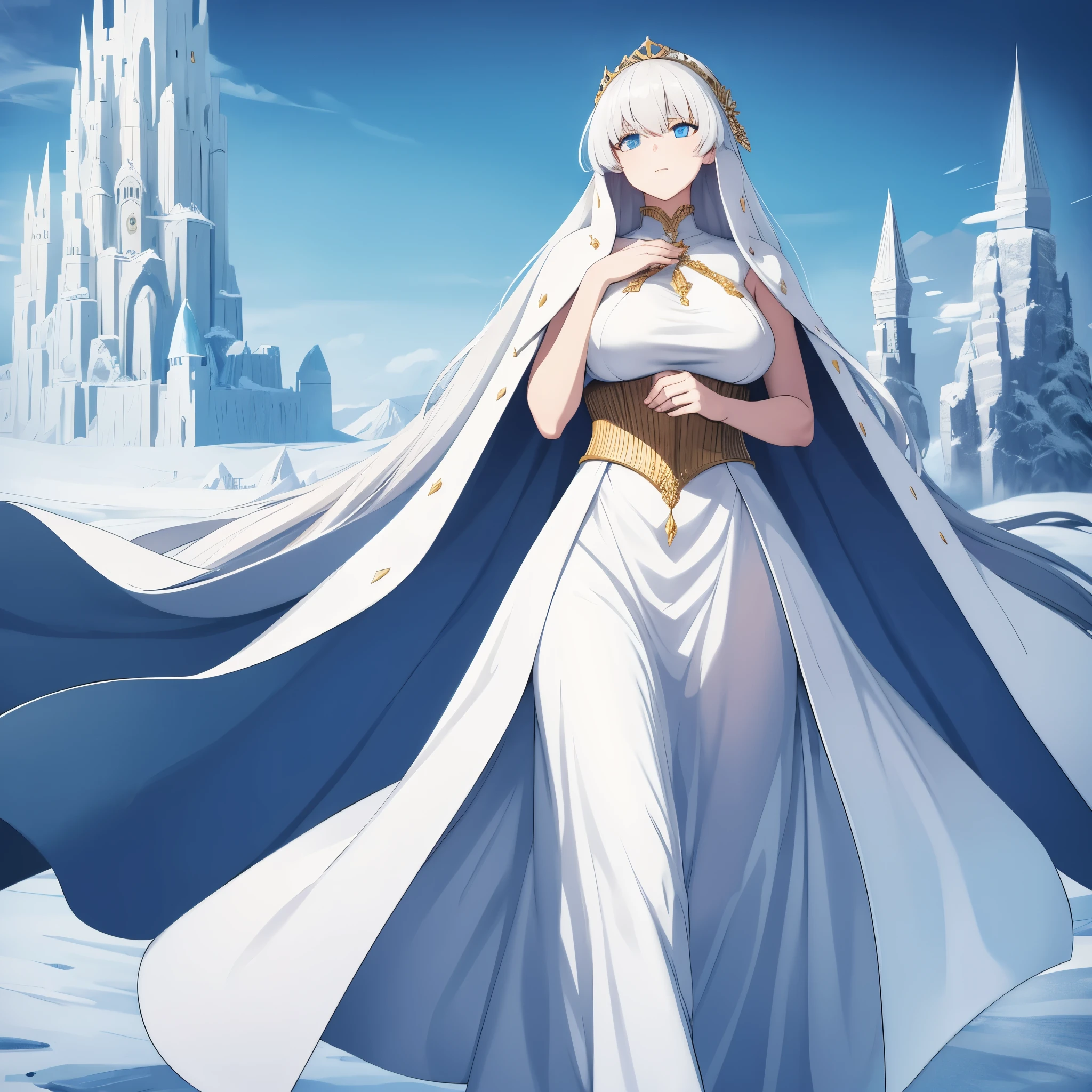 a woman wearing white dress with gold details, long dress, wearing an ice blue fur cape, long bank hair, ice blue eyes, walking at the bottom of an ice castle, winter location with ice mountains in the background, snow fog ice in place, cold expression, big breasts,HDR, masterpiece, well defined, ultra resolution, high quality, 8k HD. (just a woman, solo)
