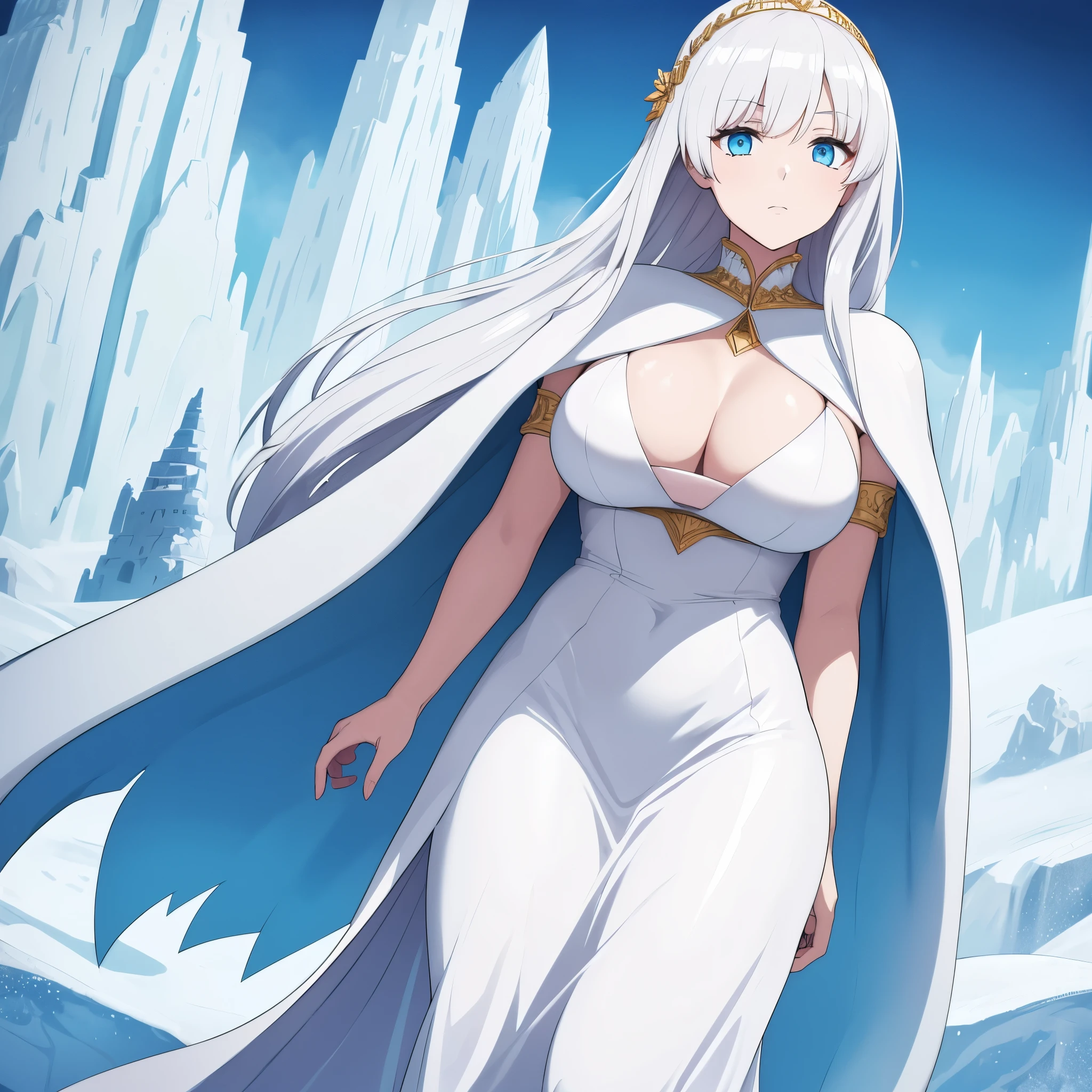 a woman wearing white dress with gold details, long dress, wearing an ice blue fur cape, long bank hair, ice blue eyes, walking at the bottom of an ice castle, winter location with ice mountains in the background, snow fog ice in place, cold expression, big breasts,HDR, masterpiece, well defined, ultra resolution, high quality, 8k HD. (just a woman, solo)
