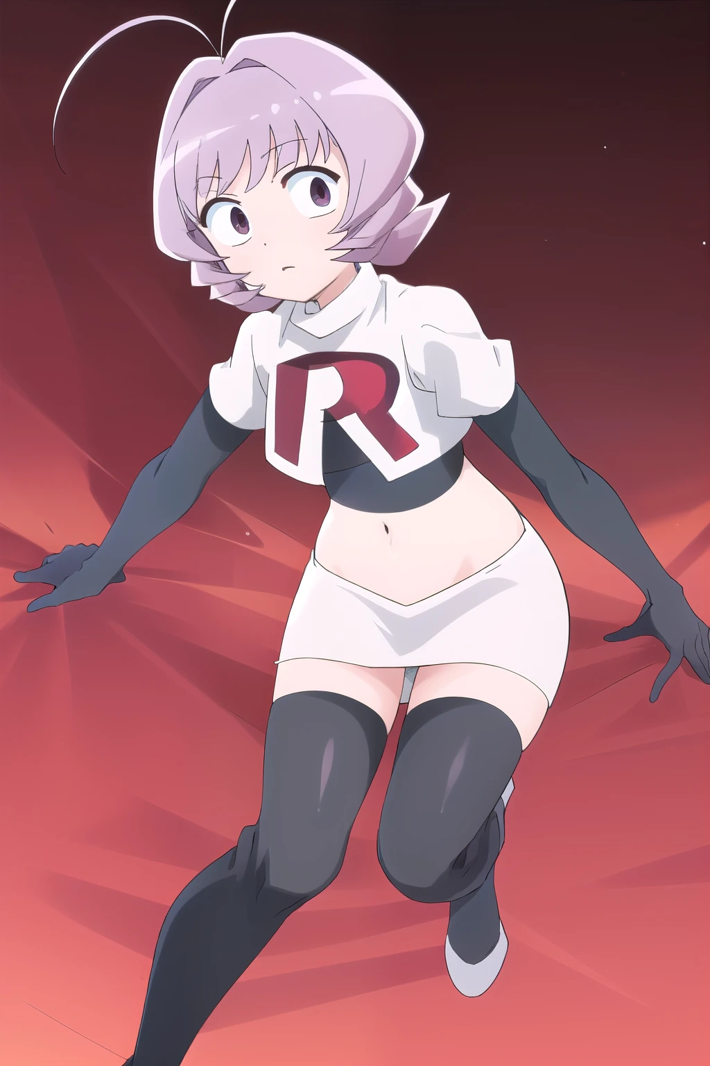 masterpiece, absurdres,male focus, trap, crossdressing,1boy,ON, solo, looking at viewer, team rocket,team rocket uniform,white skirt,red letter R,crop top,black thigh-highs,black elbow gloves, , perfect quality, good quality, masterpiece, HDR, UHD 