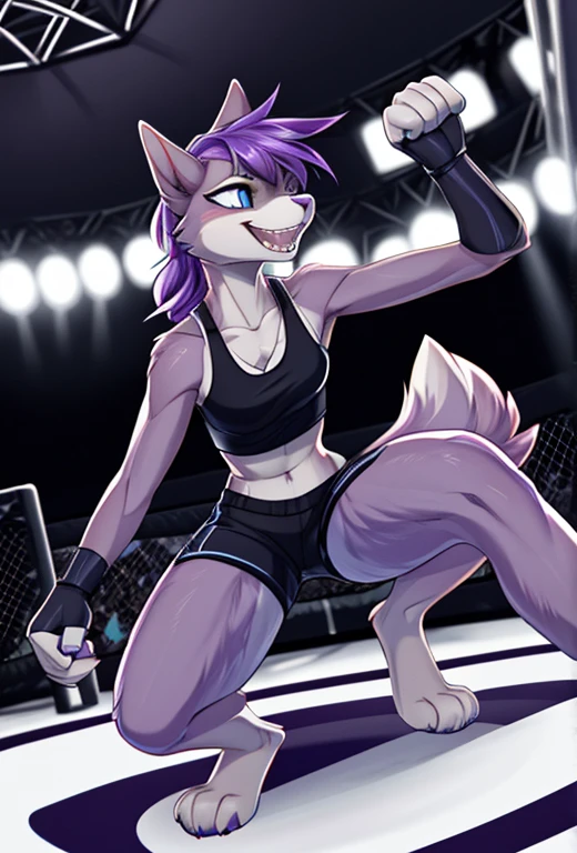 (By hyattlen, by fumiko, by claweddrip:1.2), solo, one girl, a purple anthro furry skunk girl, female, (purple fluffy body, light purple chest), black nose, (cute snout:1.1), purple skunk tail, dark purple hair, highly detailed, wearing black tank top, black ufc gloves, exposed fingers, black shorts, 4 toes, in a ufc ring, huge crowd, audience, standing, ready to fight, fists up, serious face, wearing ufc gloves,in a ufc arena,