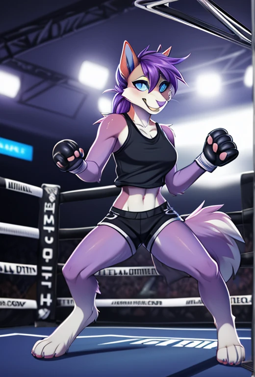 Kaori, purple squirrel girl, blue eyes, purple pony tail, purple hair, purple furry body, cute snout, black nose, by fumiko, by hyattlen, by hioshiru, wearing black tank top, black short shorts, barefoot, four toes, feet paws, wearing black ufc gloves, exposed fingers, hands balled into fists, facing viewer, pov, fighting stance, grinning, perfect teeth, furrowed eyebrows, standing in a ufc octagon ring, huge crowd in the background, high quality, perfect anatomy
