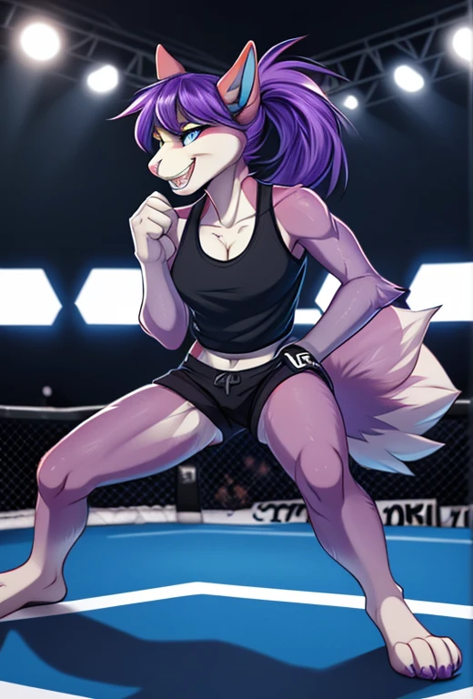 Kaori, purple squirrel girl, blue eyes, purple pony tail, purple hair, purple furry body, cute snout, black nose, by fumiko, by hyattlen, by hioshiru, wearing black tank top, black short shorts, barefoot, four toes, feet paws, wearing black ufc gloves, exposed fingers, hands balled into fists, facing viewer, pov, fighting stance, grinning, perfect teeth, furrowed eyebrows, standing in a ufc octagon ring, huge crowd in the background, high quality, perfect anatomy