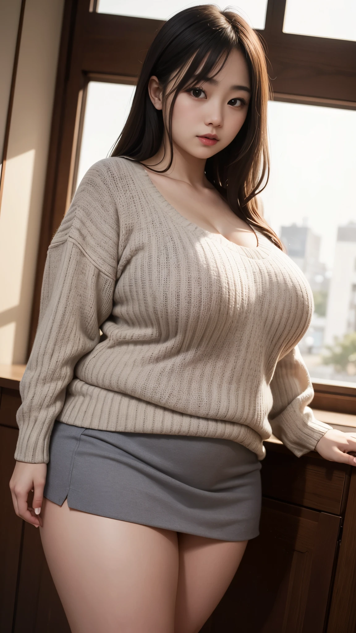 (Best quality,8k,ultra high res:1.2),(Pretty Japanese girl),(Huge breasts:0.8),(sweater), (thick thighs:0.9), (obese body), thight skirt 