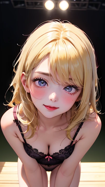 A light blush and a smile, (Masterpiece of the highest quality:1.2) Delicate illustrations, super detailed, /Beautiful Japanese Women、1 person,Very cute and slim、Outstanding style 、((8K images、super high quality))、Very delicate face, Skin and Hair、Red lipstick、Long Hair、straggling hair,(((((Gradient Hair、Blonde))))),Very cute Japanese cut face、Eyes and nose are clearly visible、Kind eyes,(((sexy lingerie、Watching the audience)))、full body shot、lure