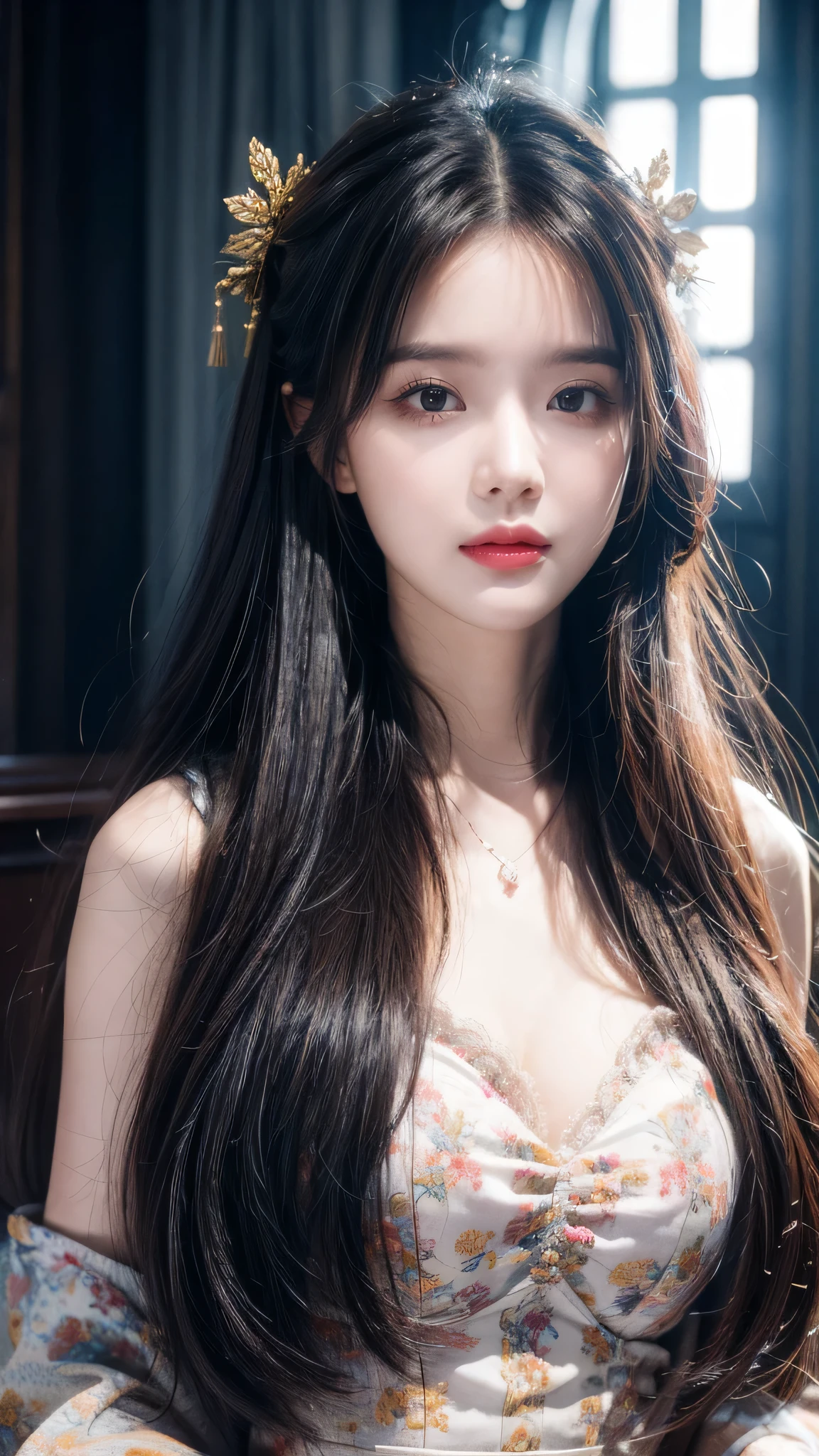 (((masterpiece))), best quality, illustration, 4k wallpaper, Movie Lighting, absurd, Portrait of 1girl, Long hair, Amethyst hair, Glowing hair, bloom hair, Costume princess, Looking forward
